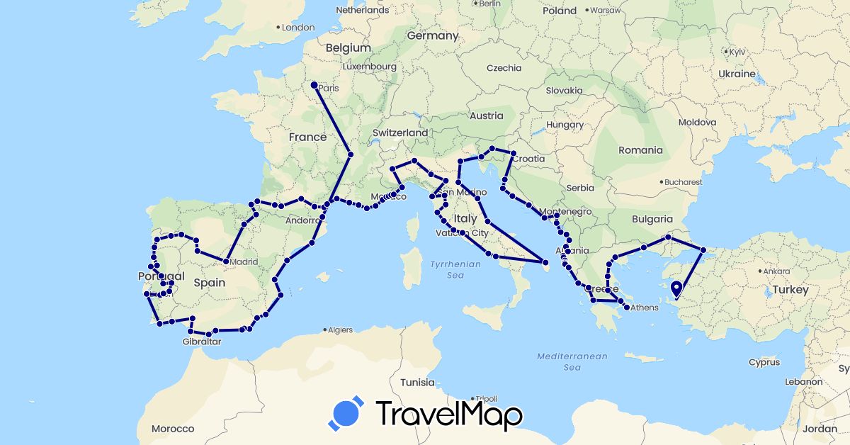 TravelMap itinerary: driving in Albania, Spain, France, Greece, Croatia, Italy, Monaco, Montenegro, Portugal, Slovenia, Turkey (Asia, Europe)